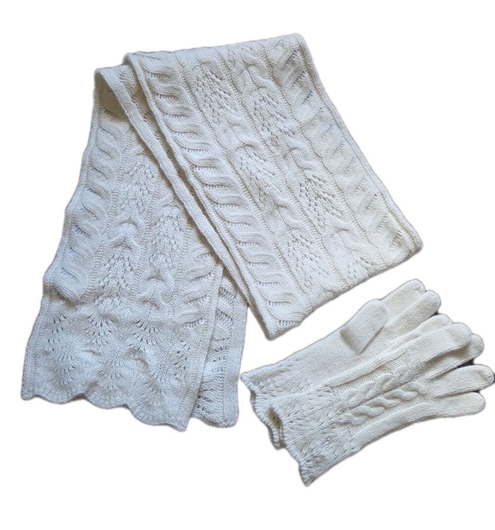 Lauren Ralph Lauren Cream Cable Knit Scarf & Gloves Set Lambswool Angora